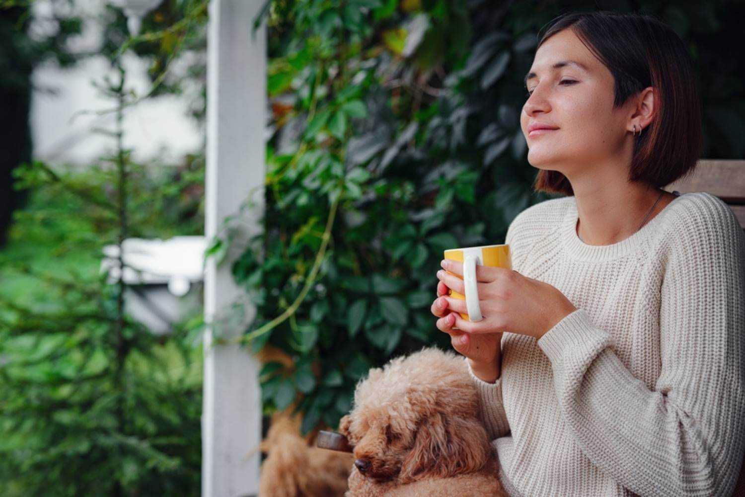 Boise ID Woman Drinking Coffee With Dog